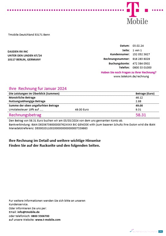 Download Germany T Mobile business utility bill template in Word and PDF formats Photoshop template
